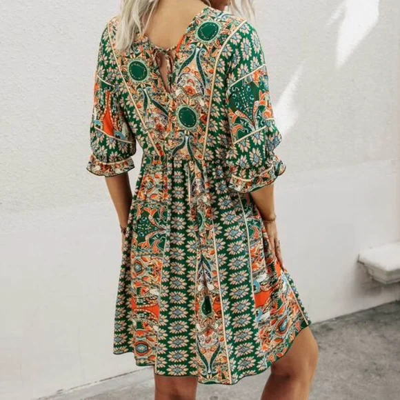 Boho Green Floral Print Ruffle Sleeve Mini Dress Cottagecore - Picture 10 of 13